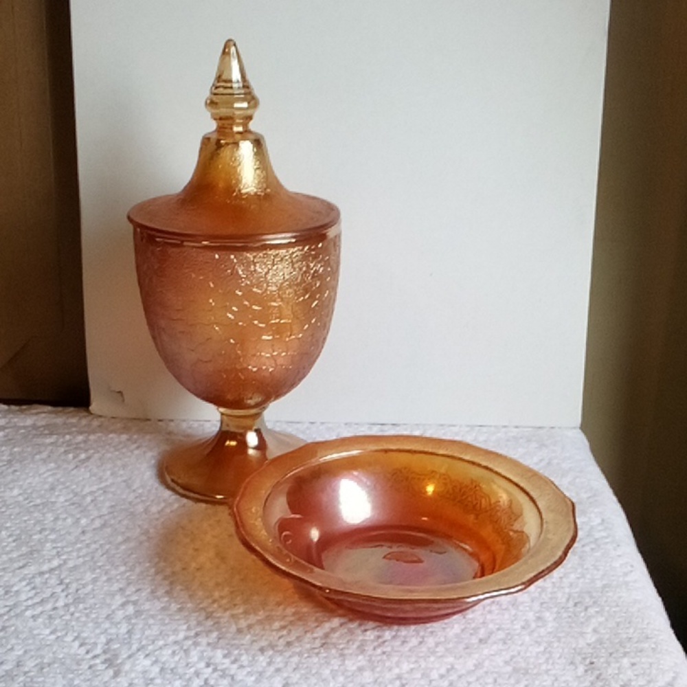 Marigold Carnival glass imperial crackle footed candy dishes & small bowl